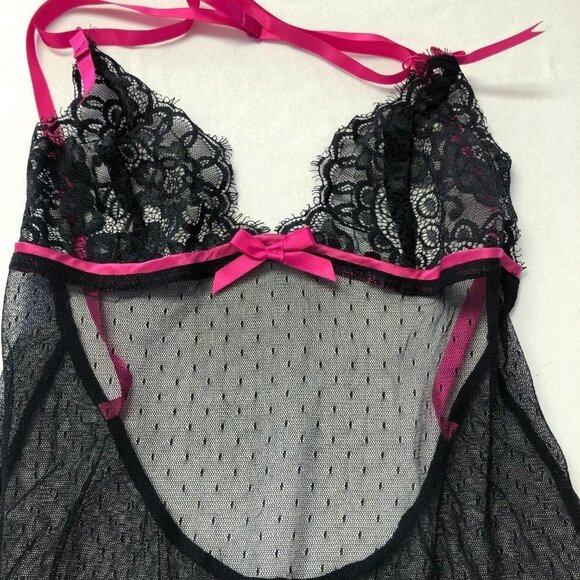 VICTORIA'S Secret Black & Pink Mesh Babydoll Chemise Size Small - Picture 4 of 9